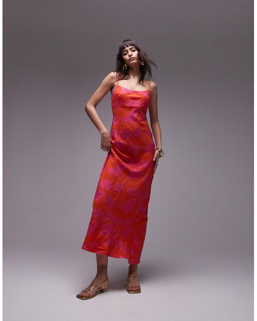 TOPSHOP Premium Jacquard Midi Slip Dress in Red | Lyst Canada