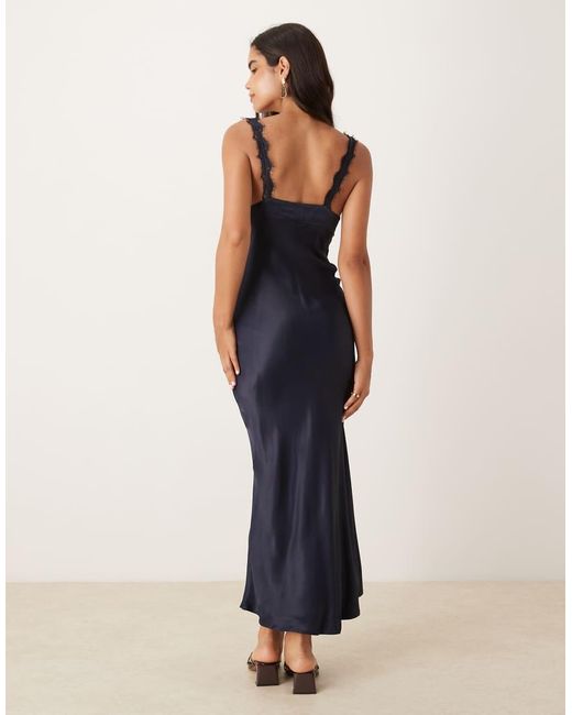 ASOS Blue Lace Trim Satin Slip Maxi Dress