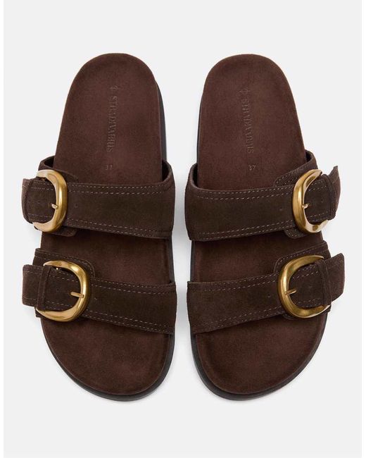 Stradivarius Brown Wide Fit. Flat Leather Buckle Sandals