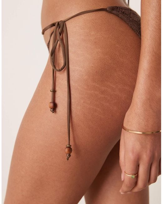 Stradivarius Natural – seitlich gebundene bikinihose mit häkel-design