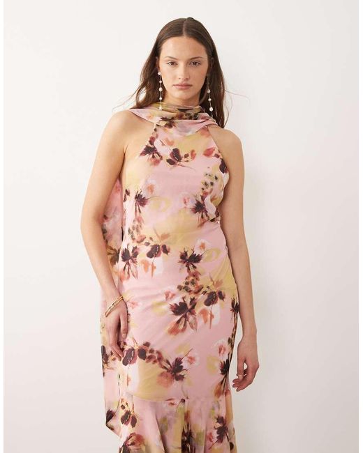 ASOS Pink Asos Design Tall Halter Maxi Dress With Scarf Detail And Ruffle Hem