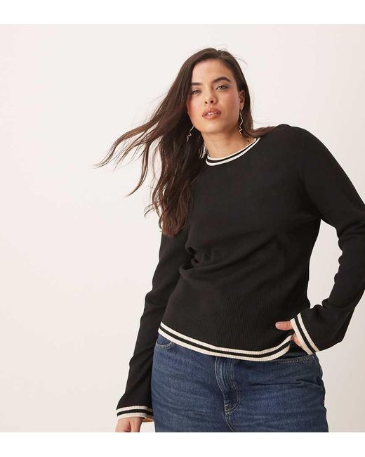 Pretty Lavish Curve Gebreide Top Met Lange Mouwen En Contrast in het Black