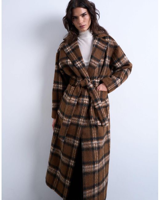 TOPSHOP Multicolor – gebürsteter, eleganter mantel mit braunem karomuster