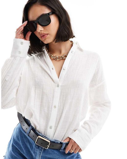 Pull&Bear White Oversized Long Sleeve Linen Look Shirt