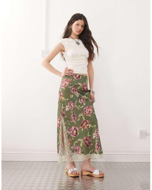 Reclaimed (vintage) Natural Satin Midi Skirt With Lace Trim