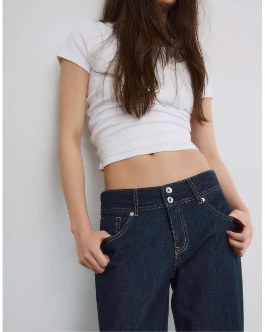 Stradivarius Blue Low-waist Double-button Jeans