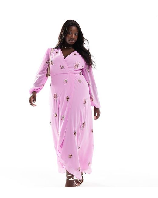 Hope & Ivy Plus Pink Embellished Wrap Dress With Tie Waist And Blouson Sleeve