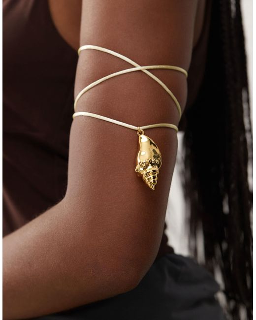 En Route Brown 18k Plated Circe Cord Arm Cuff With Shell Pendant