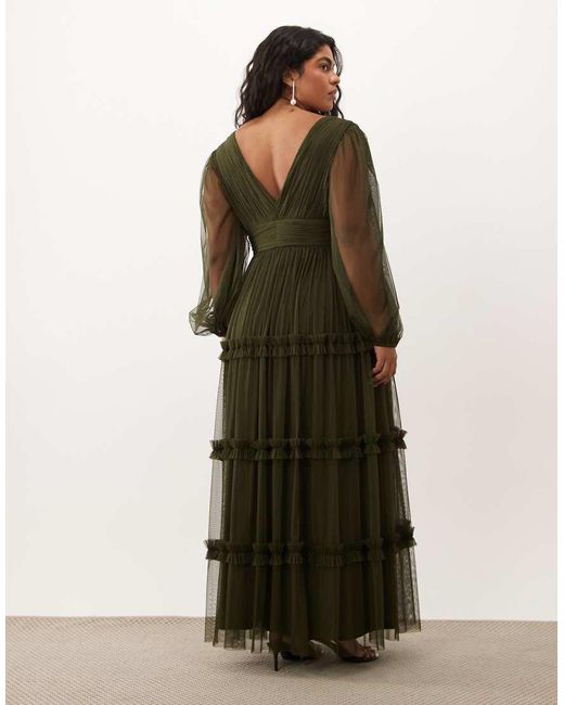 Lace & Beads Plus Green Tulle Sheer Balloon Sleeve Plunge Neck Tiered Maxi Dress