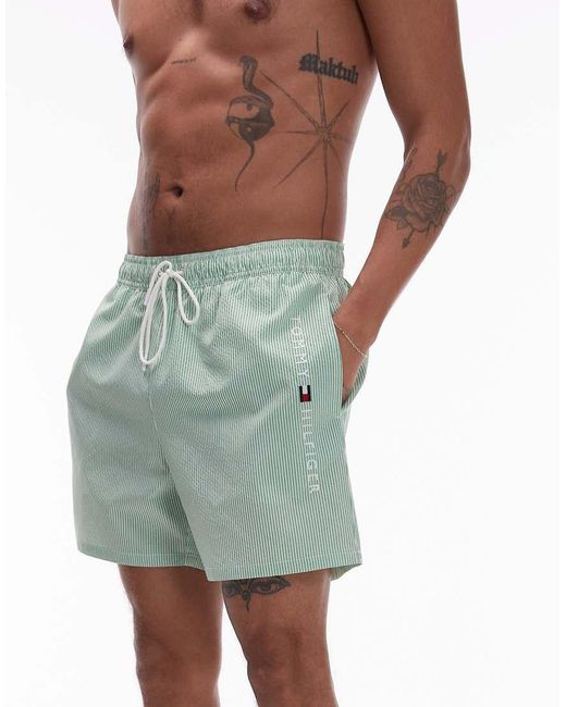 Pantaloncini Da Bagno Verdi A Righe Con Coulisse E Logo Sul Lato di Tommy Hilfiger in Green da Uomo