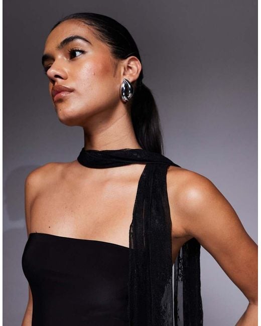 Fashionkilla Blue Exclusive Double Sculpted Slinky Bandeau Sheer Lace Hem Scarf Detail Maxi Dress