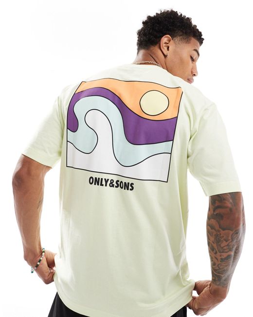 T-shirt décontracté avec imprimé plage effet color block au dos - citron Only & Sons pour homme en coloris White