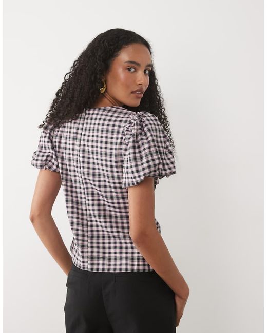 Sister Jane Black Vence Round Neck Puff Sleeve Bow Detail Top