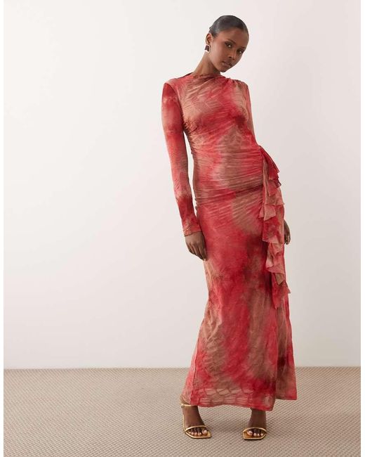 DASKA Red Frill Long Sleeve Maxi Dress