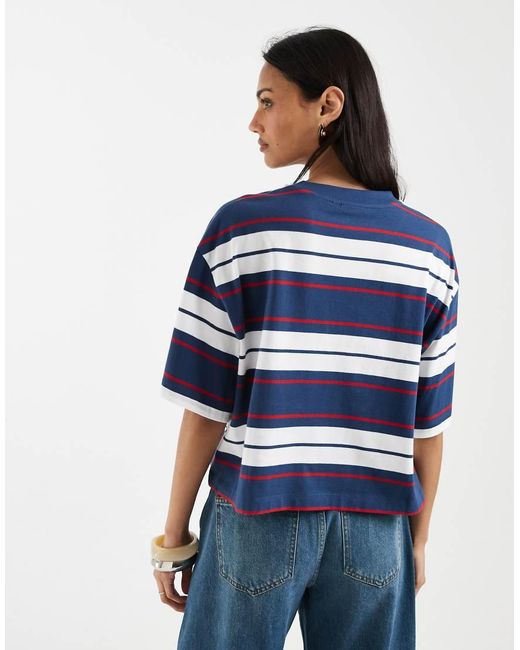 ASOS Blue Boxy Cropped T-shirt Red & Navy Stripe