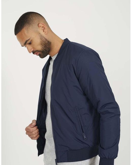 Brave Soul Blue Collarless Bomber Zip-Up Jacket for men