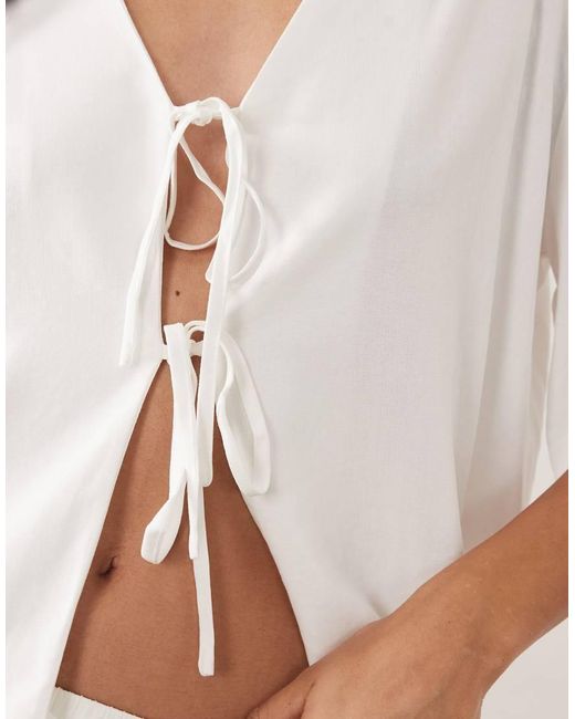 Kaiia White Exclusive Linen Blend Tie Front Scallop Edge Top