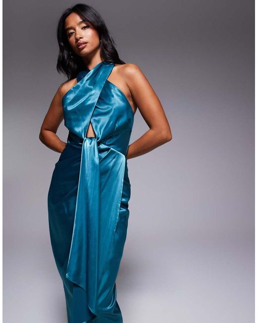 TFNC London Blue Halter Neck Dress With Wrap Skirt