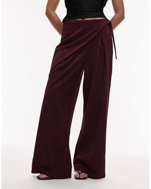 ASOS Red Slinky Twill Tailo Wide Leg Pants With Wrap Skirt Detail