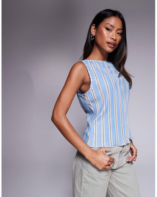 ASOS Gray Printed Stripe Plisse Ruched Side Sleeveless Top