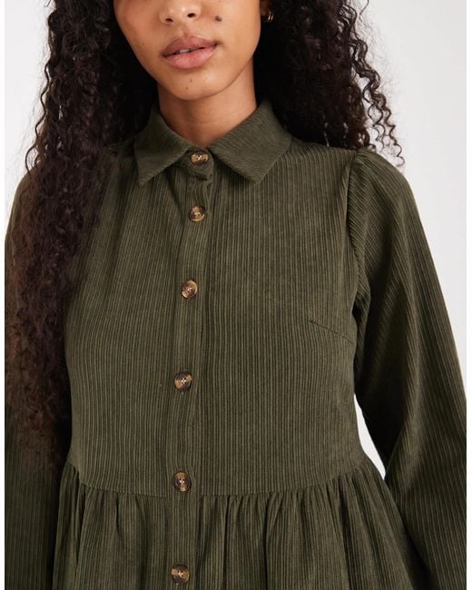 Threadbare Cord Shirt Mini Dress in Green | Lyst