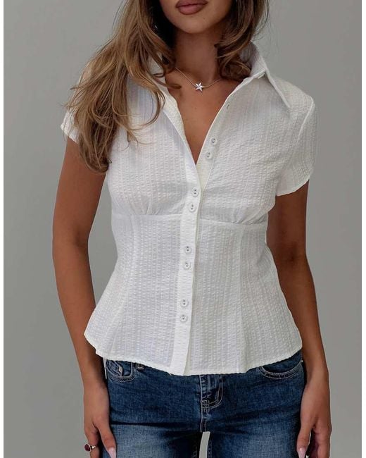 Princess Polly Blue Cottesloe Cotton Rich Pleat Waist Detail Fitted Short Sleeve Shirt