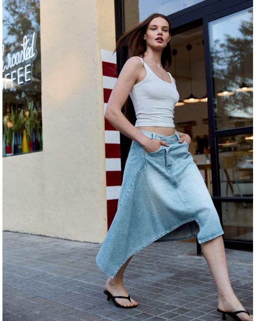 Bershka Blue Asymmetric Denim Midi Skirt