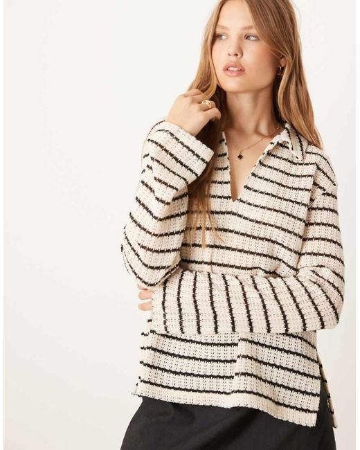 Gina Tricot Natural Co-ord Long Sleeve Polo Crochet Relaxed Top