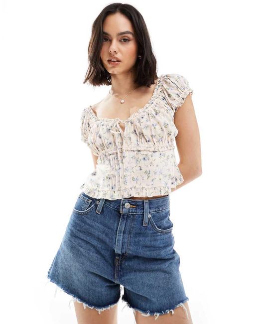 New Look Blue Tie Front Pintuck Milkmaid Top