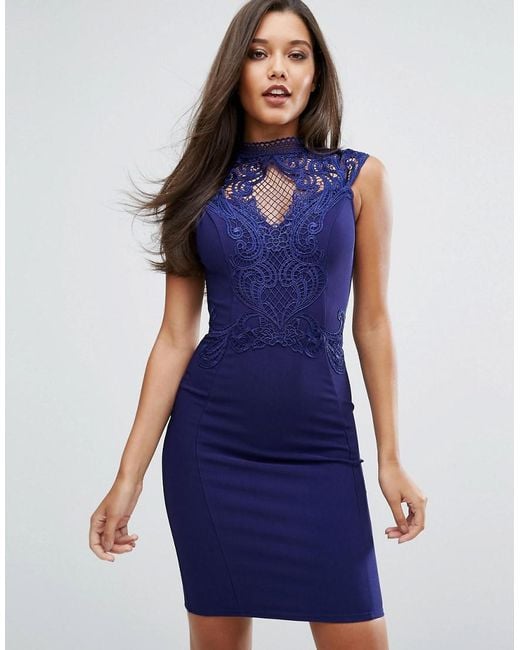 Lipsy Blue Michelle Keegan Loves High Neck Embroidered Lace Bodycon Dress