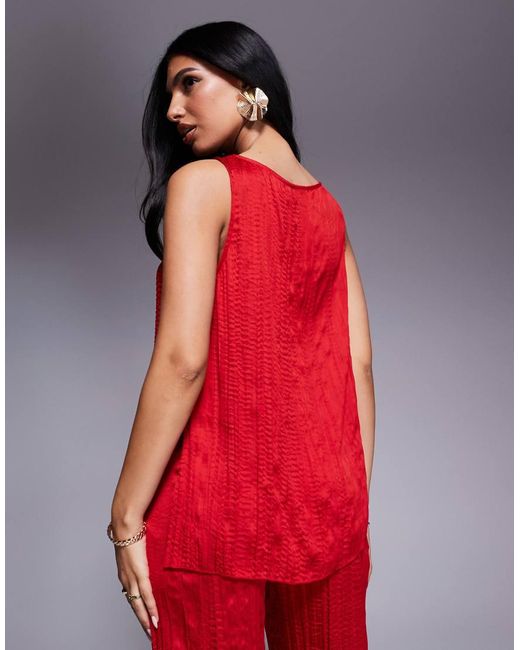 ASOS Red Crinkle Satin Boat Neck Tank Top Co-ord