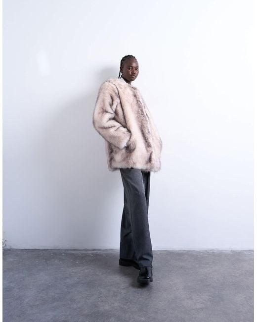 TOPSHOP White Faux Fur Collarless Mid Length Coat