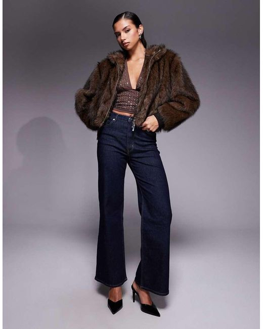 Liquor N Poker Gray Cropped Faux Fur Bomber Jacket