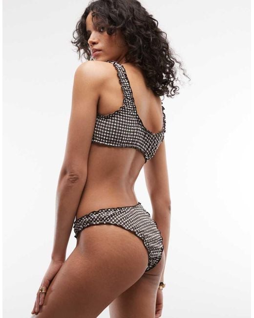 Collusion Brown Gingham Seersucker High Leg Ruffle Bikini Bottoms
