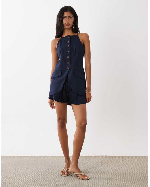 River Island Blue Linen Blend Longline Waistcoat
