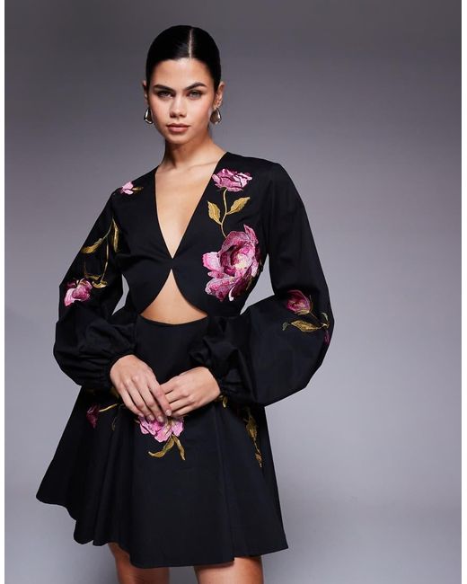 ASOS Black Cut Out Mini Dress With Floral Embroidery