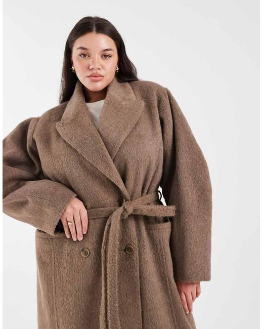 ASOS Brown Asos Design Curve Brushed Coat With Dome Sleeve And Skinny Belt