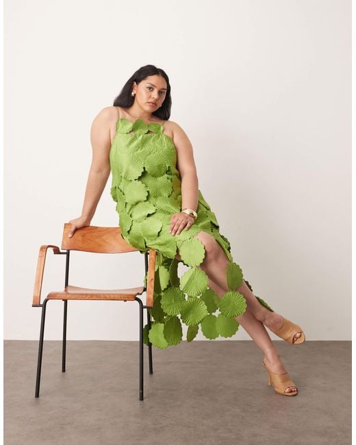 ARRANGE Green Curve Cutwork Floral Midi Dress With Fringe Hem