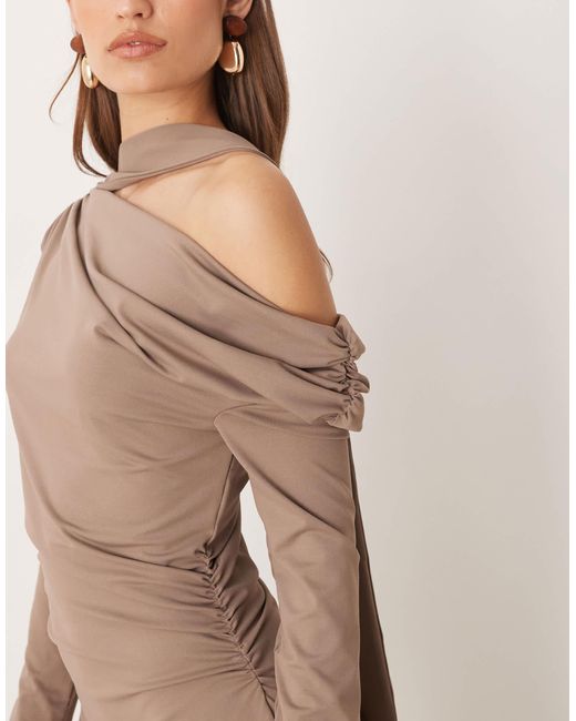 ASOS Fallen Shoulder Midi Dress With Neck Tie in Natural Lyst — free download