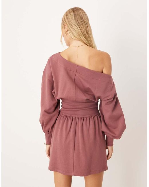 ASOS Pink Cotton Slash Neck One-shoulder Elasticated Waisted Mini Dress