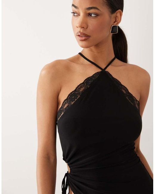 ASOS Black Slinky Ruched Cut Out Halter With Lace Trim