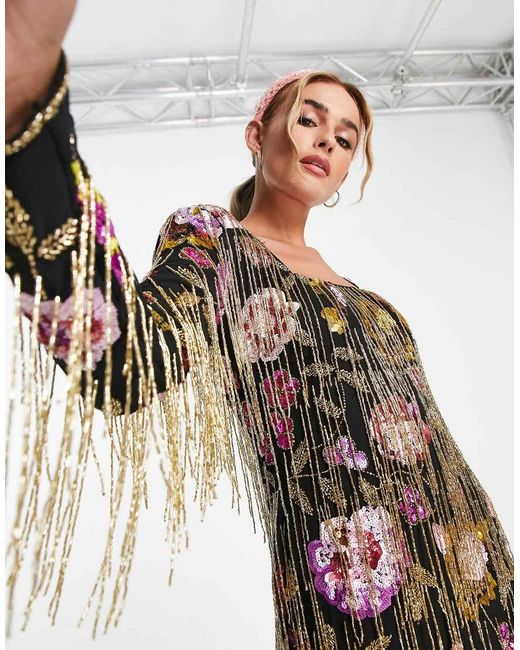 Miss Selfridge Premium Embellished Long Sleeve Floral Mini Dress With Tassel Detail in Black Lyst UK
