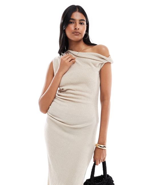Vero Moda White Asymmetric Shoulder Textured Midi Dress