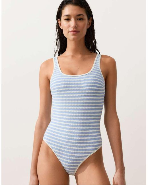 Oysho Blue Stripe Structure Round Neck Swimsuit