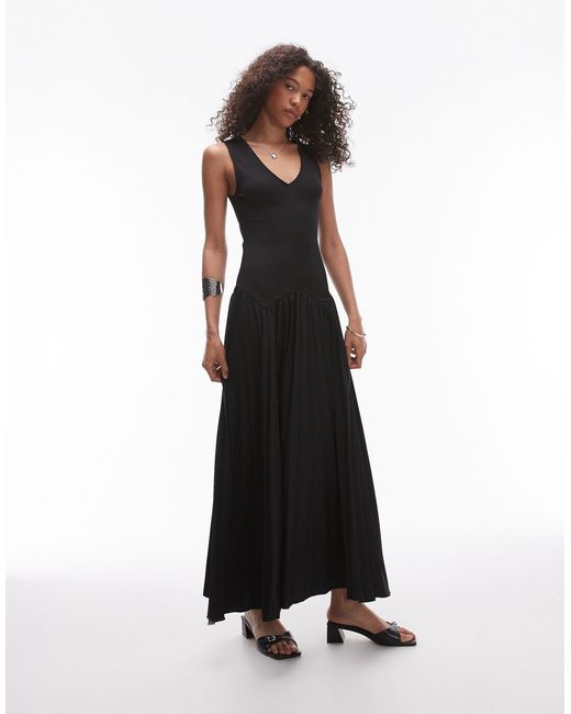 TOPSHOP Black V Neck Jersey And Pleated Midi Dress