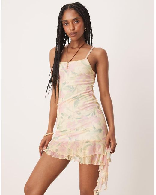 ASOS Natural Mesh Cowl Neck Mini Dress With Ruffle Hem