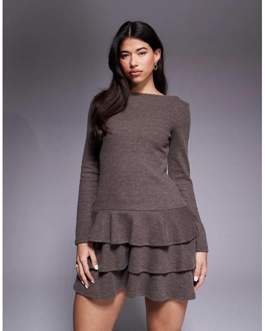 ASOS Gray Supersoft Long Sleeve Tiered Rara Skirt Mini Dress
