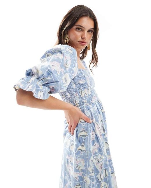 Object Blue Vintage Wash Fish Print Smock Midi Dress