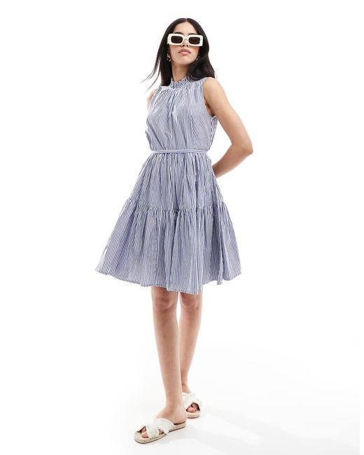 French Connection Blue High Neck Tiered Poplin Mini Dress