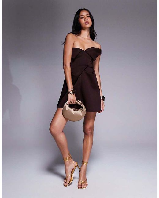 ASOS Brown Manipulated Fold Over Bandeau Mini Dress With Boxy Pleat Skirt